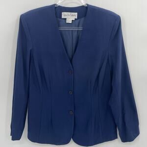 DIANE VON FURSTENBERG Collarless Blazer Jacket Size 12 Blue Cotton Silk Button